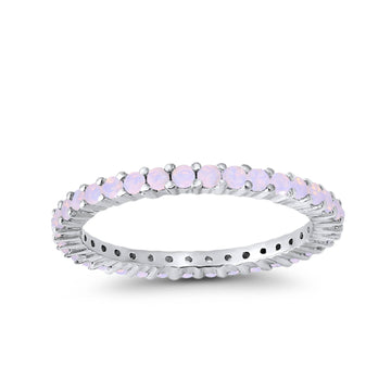 Full Eternity Wedding Round Lab Created White Pinkish Opal Ring 925 Sterling Silver